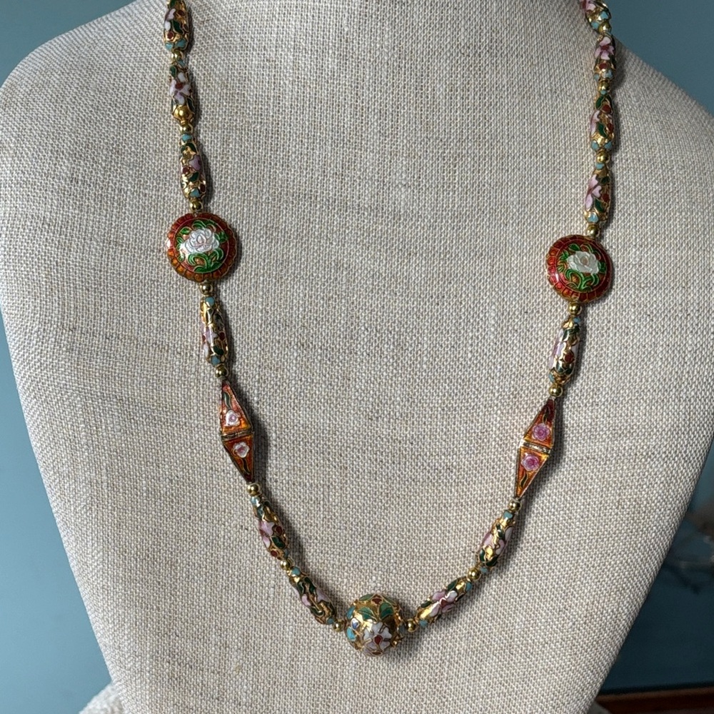 🟠EUC VTG Handcrafted Cloisonné Floral Bead Statement Necklace Gilt Gold